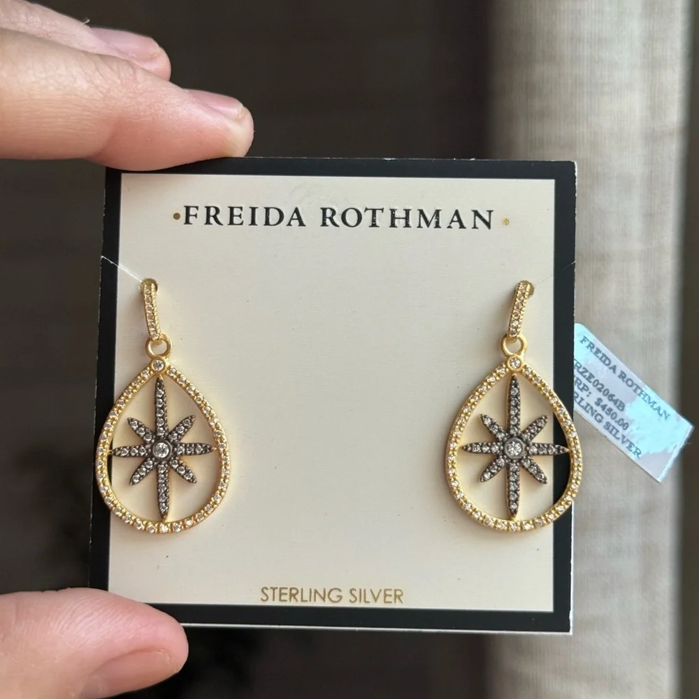 NWT Freida Rothman matte Gold and black with pave Starburst Earrings - Picture 1 of 4